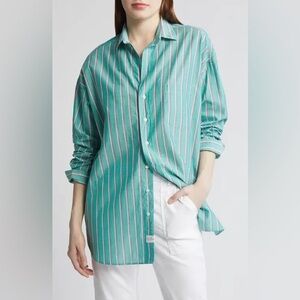 Frank & Eileen 100% Cotton Green Shirley Stripe Oversized Tunic Button-Up Shirt